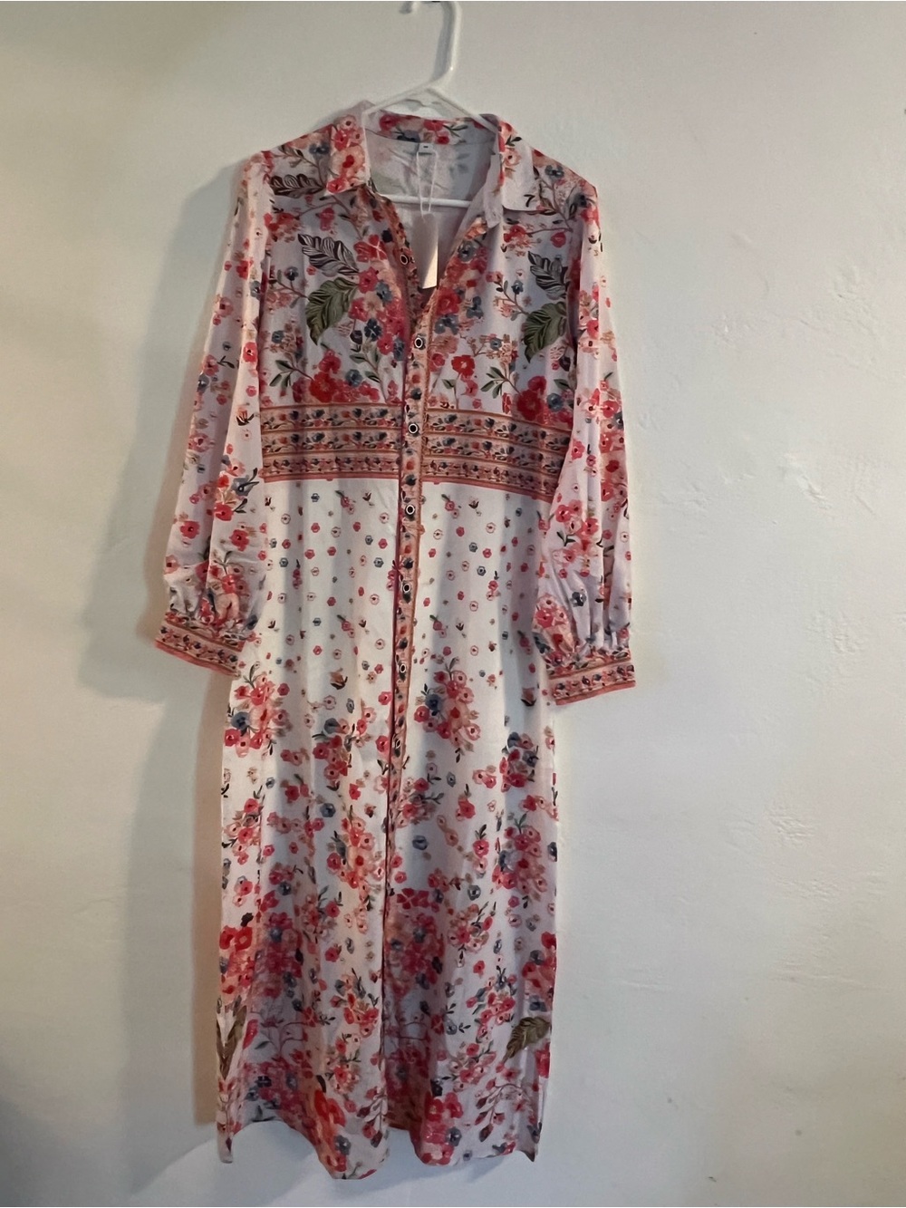 Floral Button-Front Long Sleeve Maxi Dress in White with Pink and Red Print